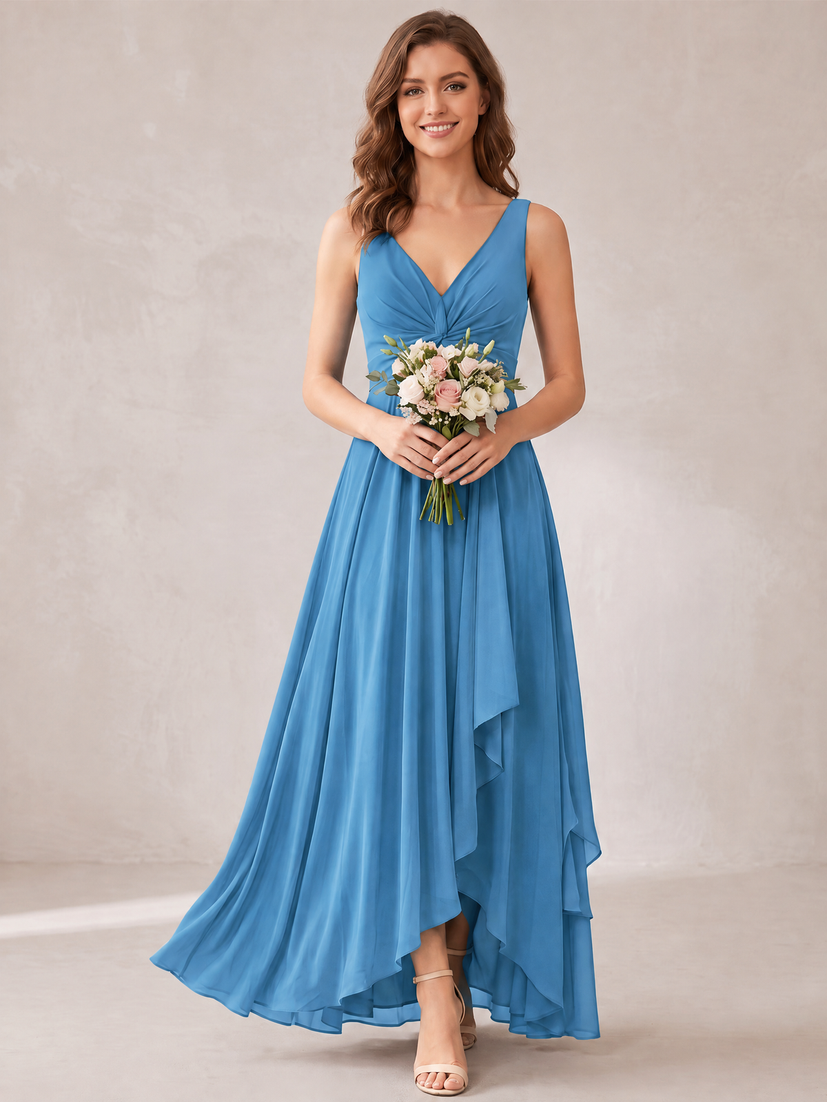 V-Neck High-Low Chiffon Bridesmaid Dress with Ruffles