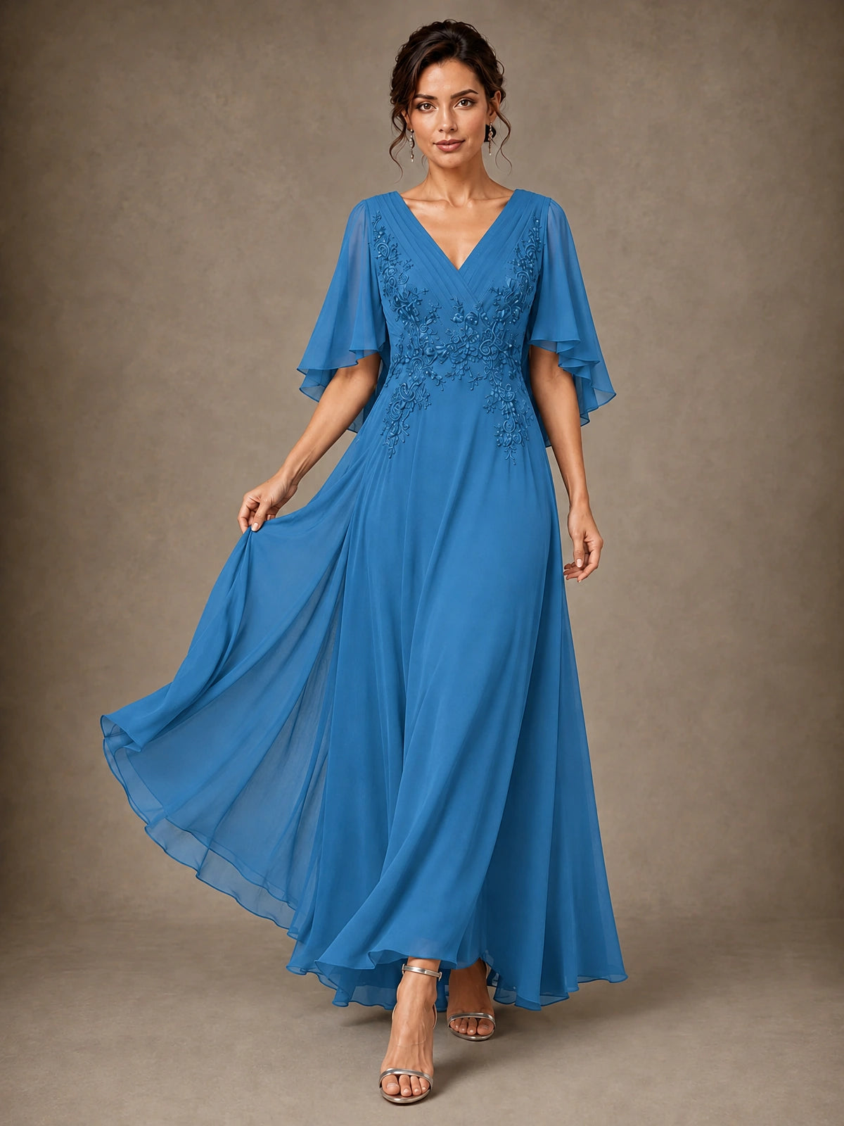V-Neck Chiffon Lace Mother of the Bride Dress with Flutter Sleeves