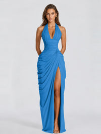 Ruched Halter Neck High-Slit Prom & Evening Dress
