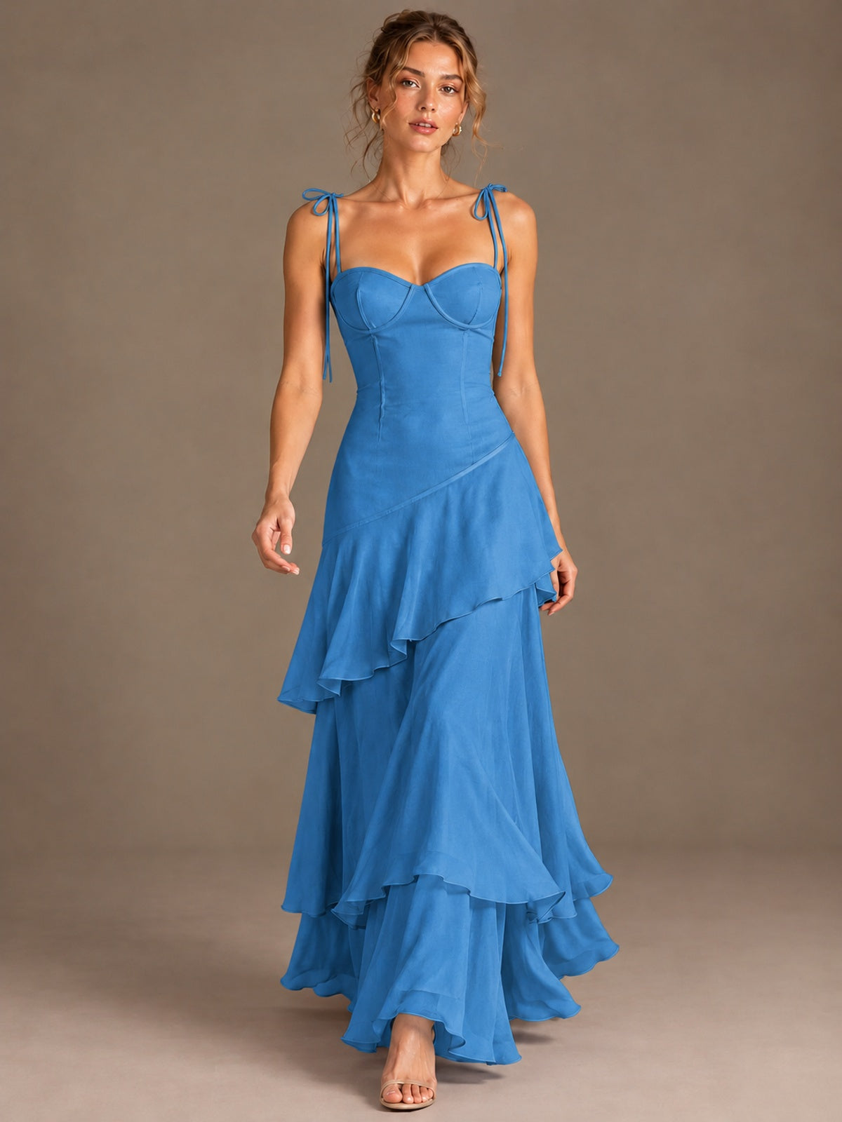 Spaghetti Strap Tiered Ruffles Chiffon Prom Dress