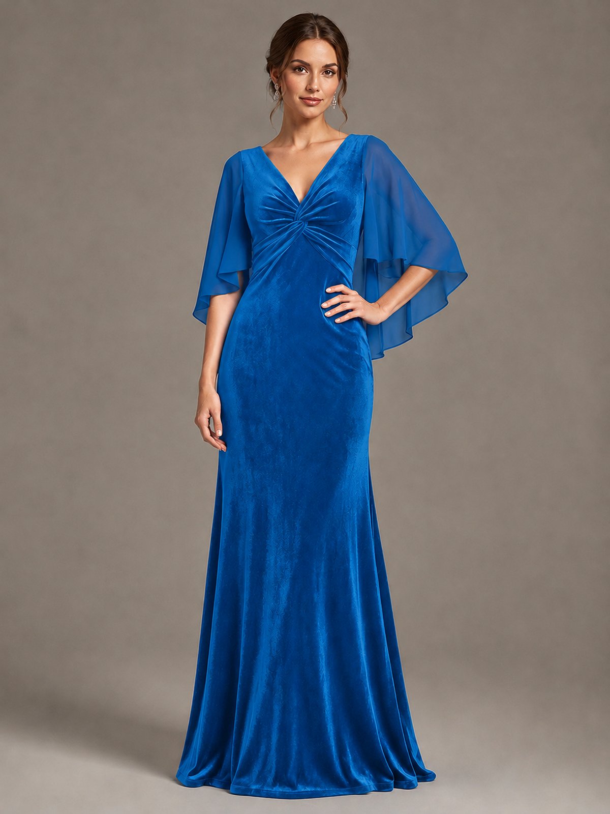 Navy Blue Velvet V Neck Mermaid Formal Dress with Flutter Cape Sleeves