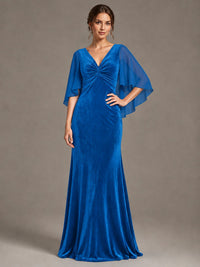 Navy Blue Velvet V Neck Mermaid Formal Dress with Flutter Cape Sleeves