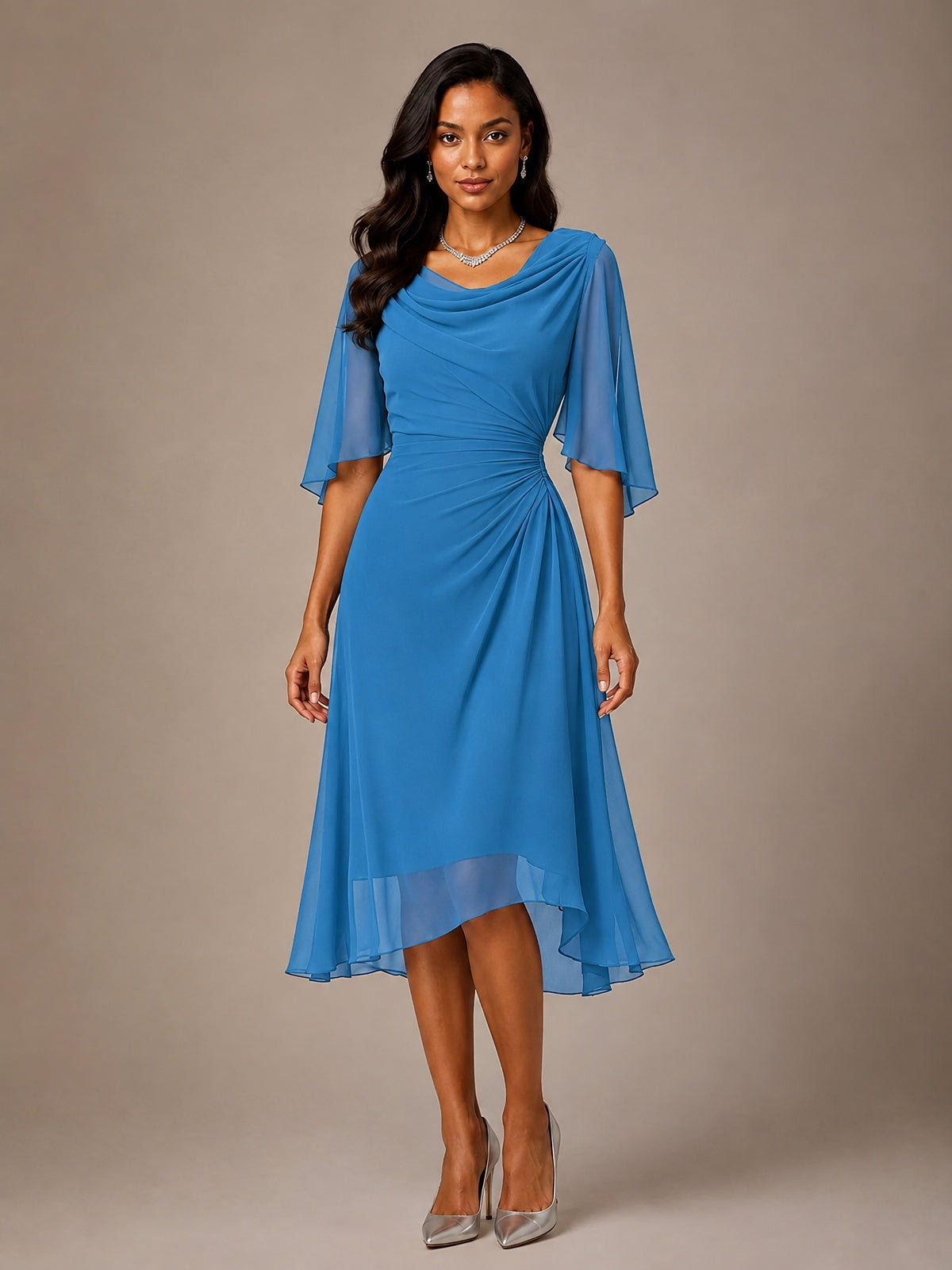 Cowl Neck Ruched Chiffon Mother of the Bride Dresses with Flutter Sleeves