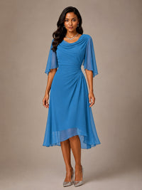 Cowl Neck Ruched Chiffon Mother of the Bride Dresses with Flutter Sleeves