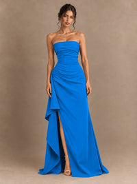 Black and White Strapless Ruched Prom Dress with High Slit & Side Drape
