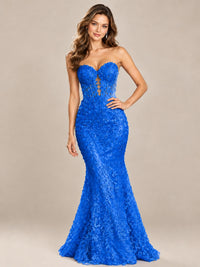 Strapless Corset Mermaid Prom Dress with Floral Lace Appliqué