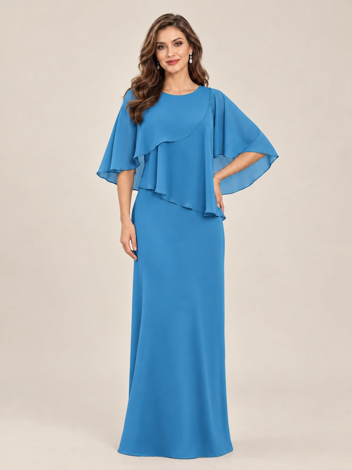 Blue-Chiffon 2 Piece A Line Mother of The Bride Dresses with Cape