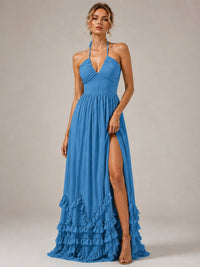 Halter V Neck Chiffon Formal Dress with Lace-Up Back and Ruffle Hem