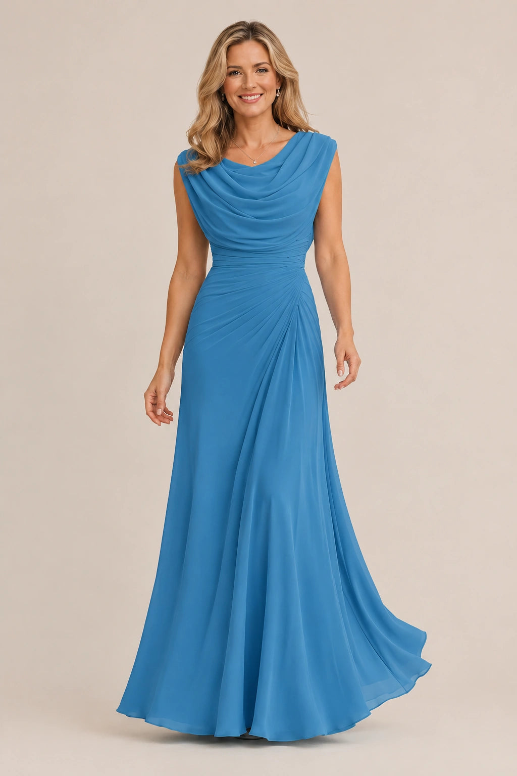 Cowl Neck Ruched Chiffon Mother of the Bride Dress
