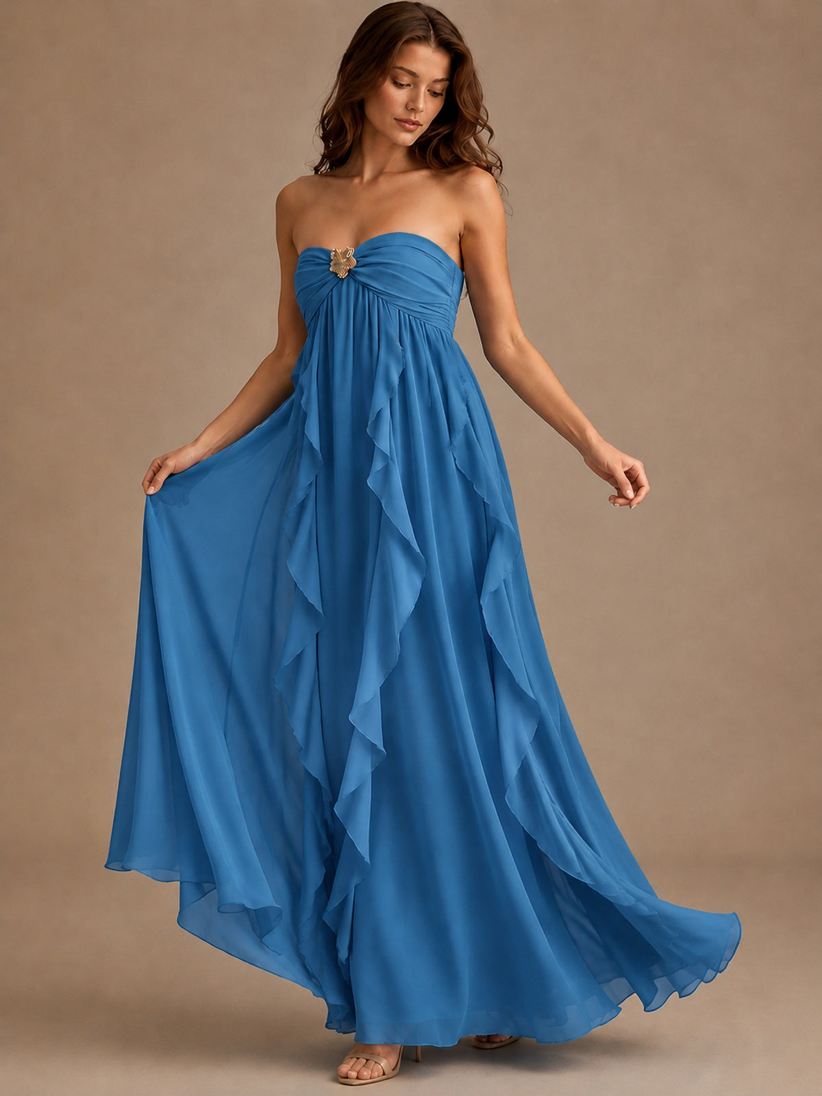 Srapless Sweetheart Chiffon Prom Dress Ruffle Formal Evening Gown