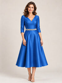 Blue V-Neck Tea-Length Mother of the Bride Dress with Embellished Waist