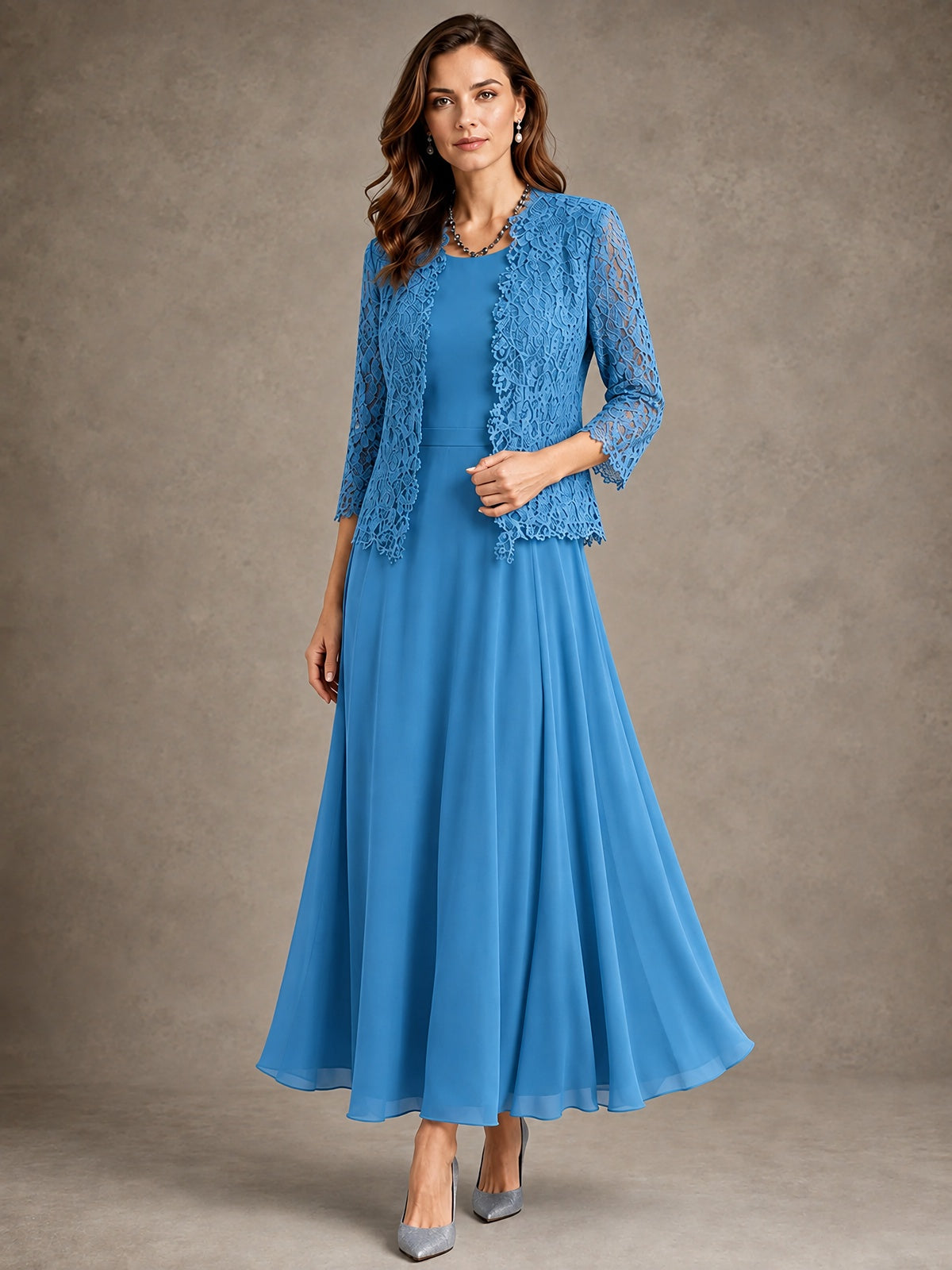 2-Piece Chiffon Mother of the Bride Dress with Lace Jacket