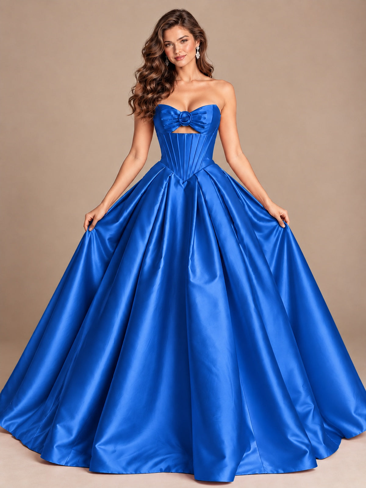 Pink Strapless Corset Satin Prom Derss & Ball Gown with 3D Floral