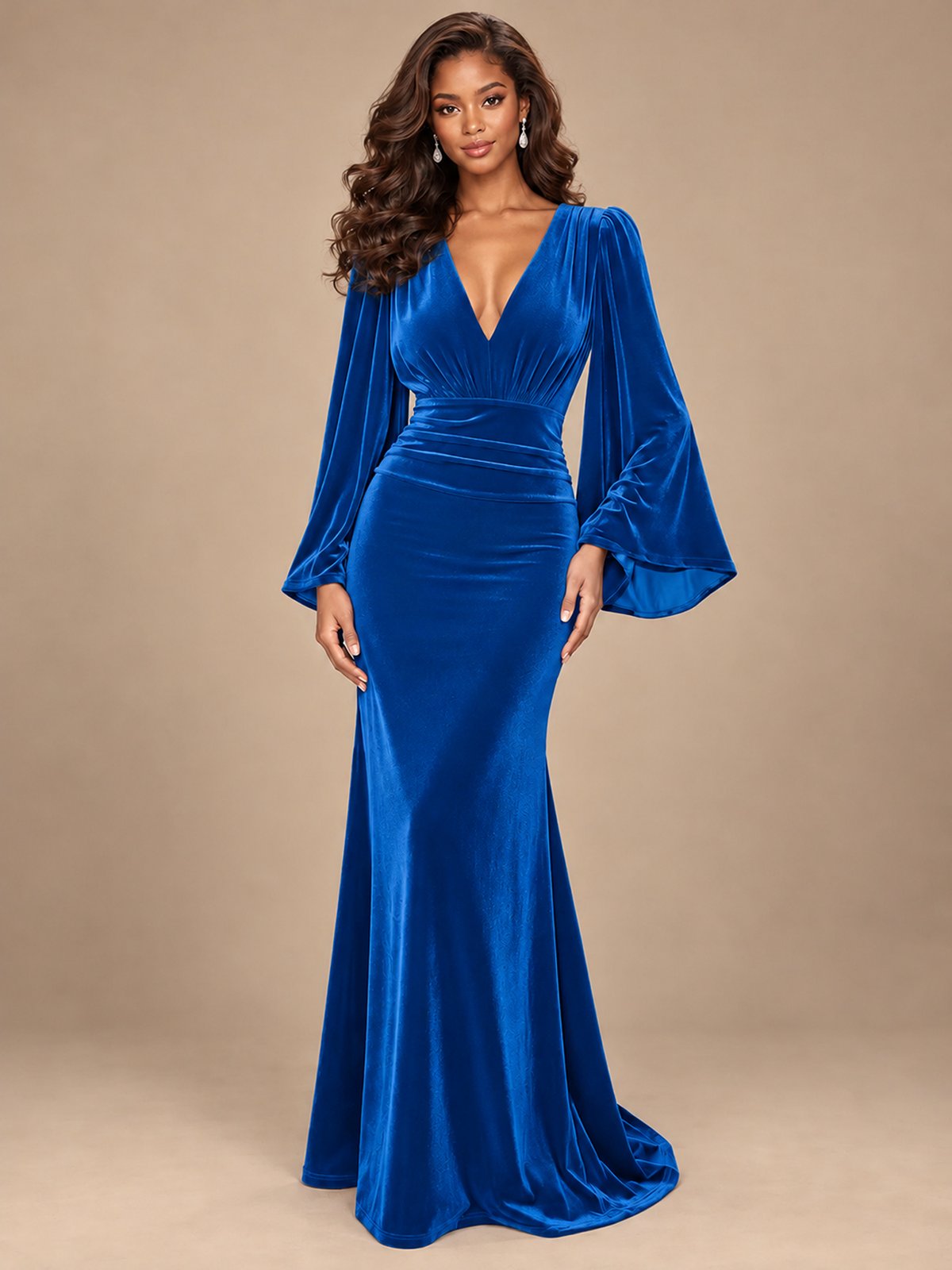 Burgundy Velvet Deep V-Neck Ruched Long Sleeve Maxi Dress