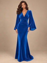 Burgundy Velvet Deep V-Neck Ruched Long Sleeve Maxi Dress