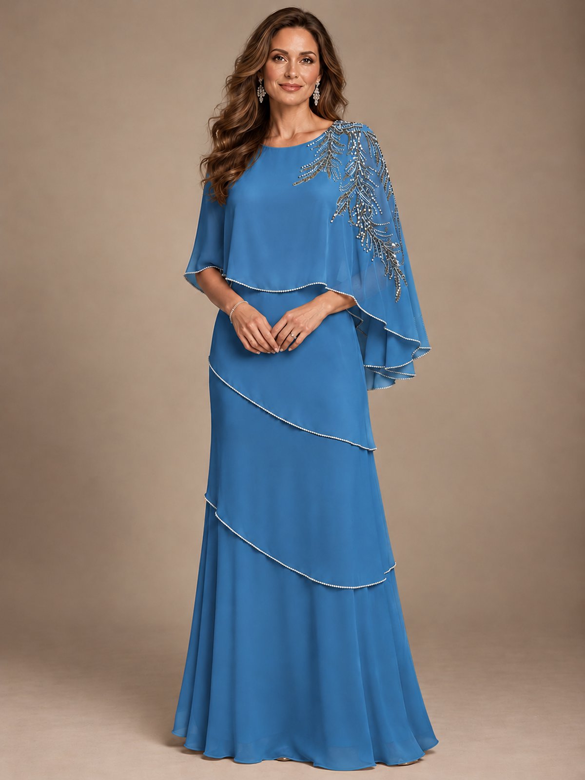 Elegant Chiffon Cape Sleeve Beaded Mother of the Bride Dress