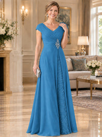 Pleated Chiffon Lace Mother of The Bride Dresses with Beading Cap Sleeves