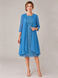 Blue-2 Piece Lace Appliques Chiffon Mother of The Bride Dress with Sequin