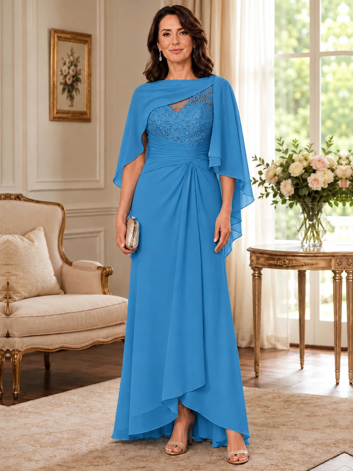 Elegant Chiffon Mother of the Bride Dress with Lace Applique and Cape Sleeves