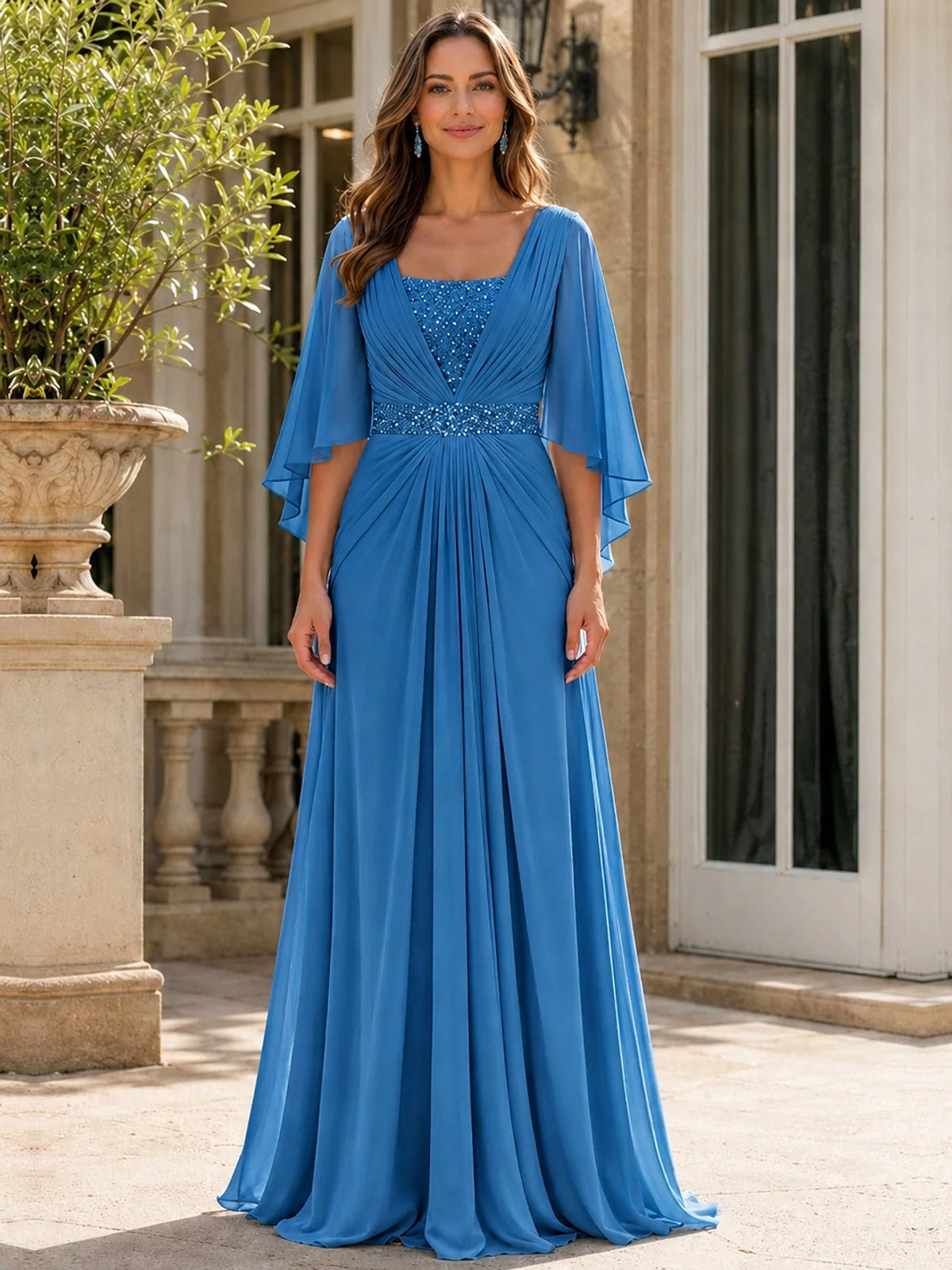 Elegant V-Neck Sequined Chiffon Mother of the Bride Dress with Flutter Sleeves