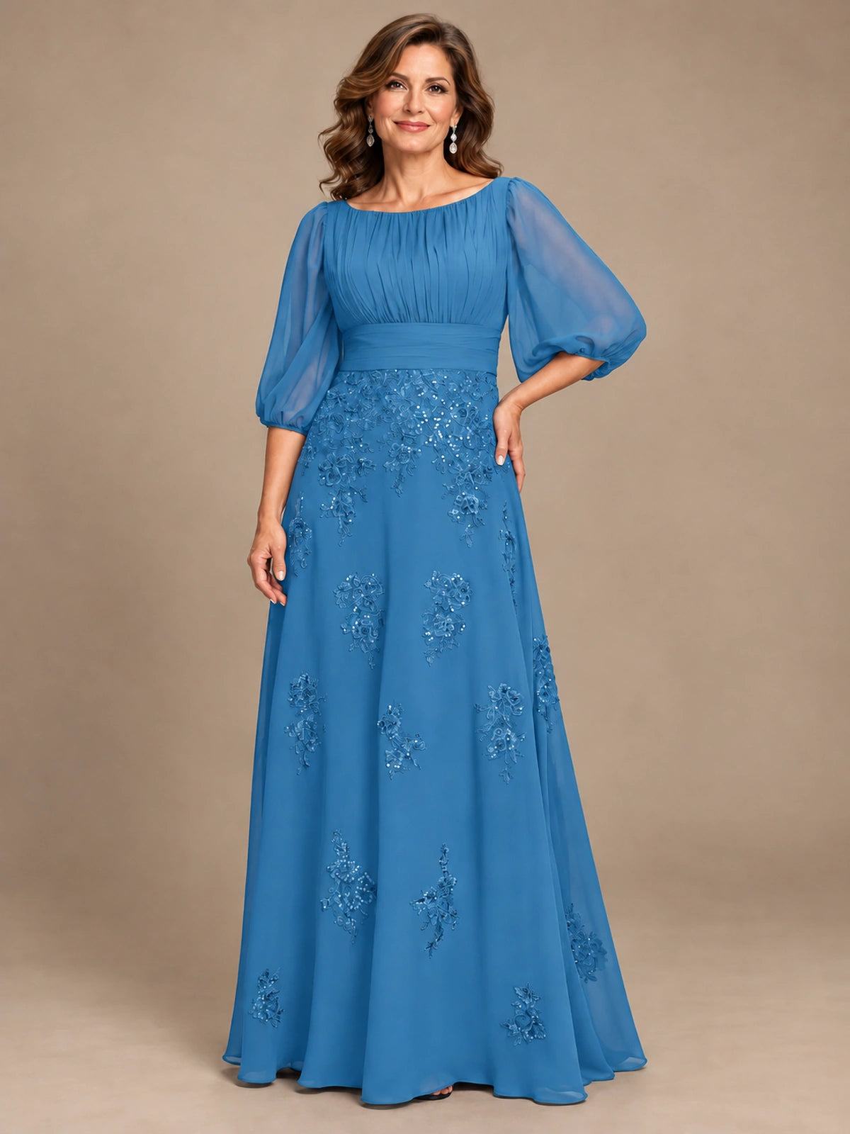 A-Line Mother of the Bride Dress with Sheer Puff Sleeves