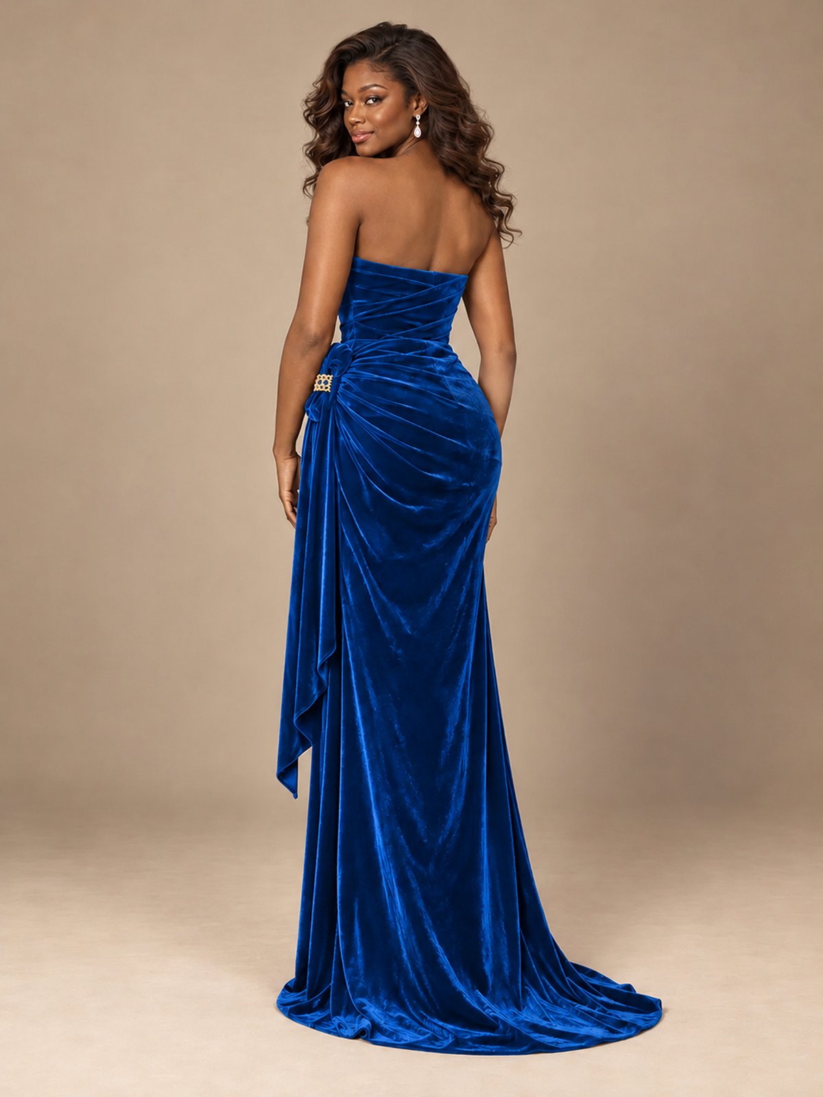 Burgundy Velvet Strapless Ruched Prom Dress with Jeweled Side Drape