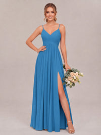 V-Neck Pleated Chiffon Long Bridesmaid Dress with Slit