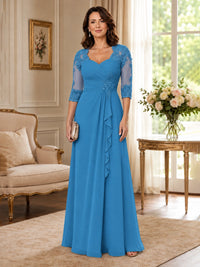 Chiffon Lace Applique Mother of the Bride Dress with 3/4 Sleeves