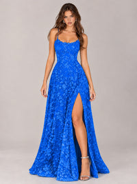 Floral Lace A-Line Prom Dress with Spaghetti Straps & High Slit