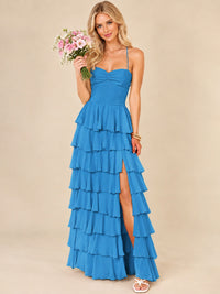 Ruffled Tiered Chiffon Prom Dress Spaghetti Straps Formal Maxi Dress with Slit