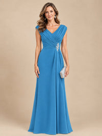 V Neck Pleated Mother of The Bride Dresses with Beading Cap Sleeves