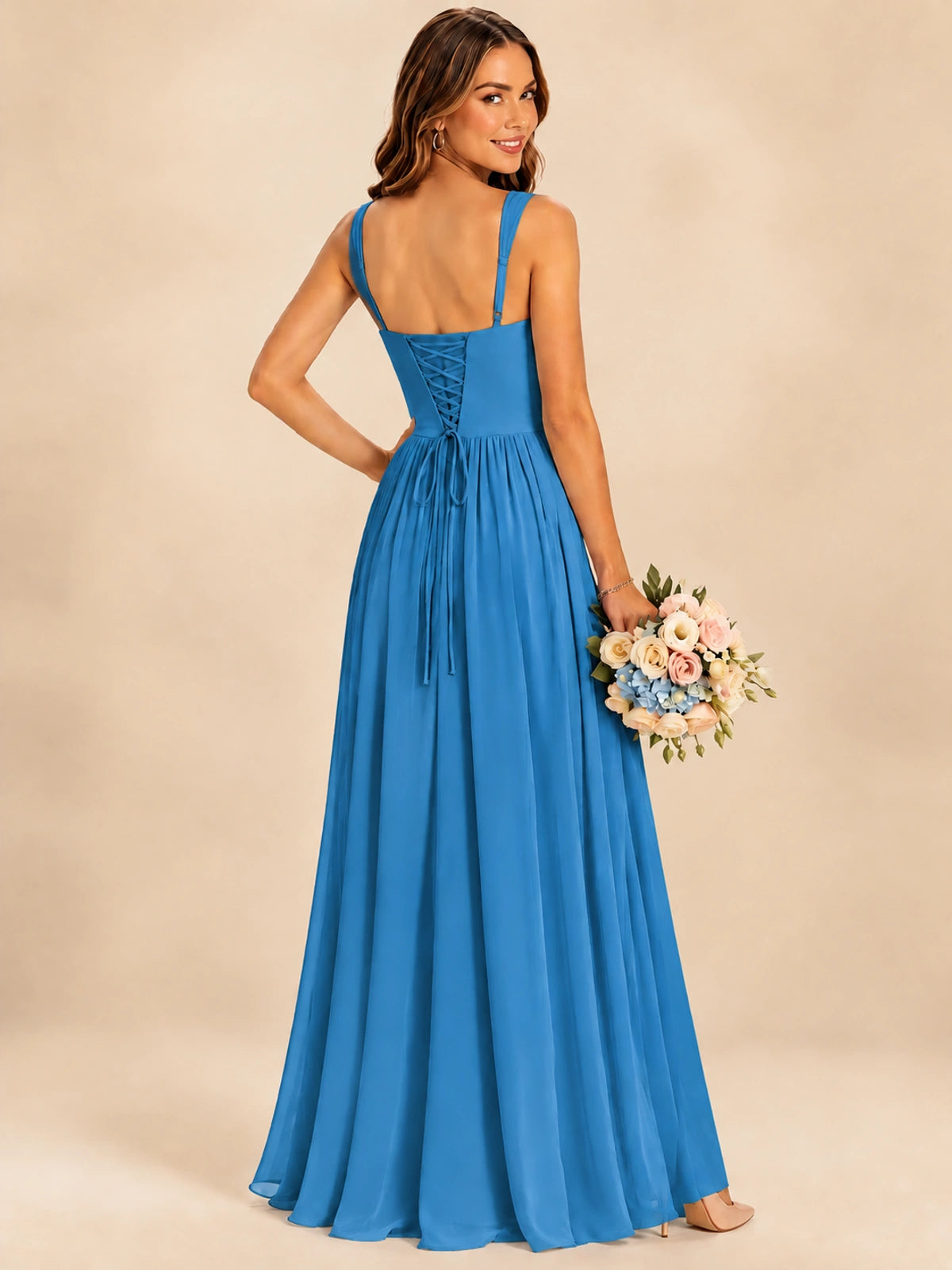 Spaghetti Straps Pleated Chiffon Bridesmaid Dress with Ruffle Slit