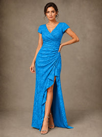 V-Neck Floral Jacquard Mother of the Bride Dress with Slit