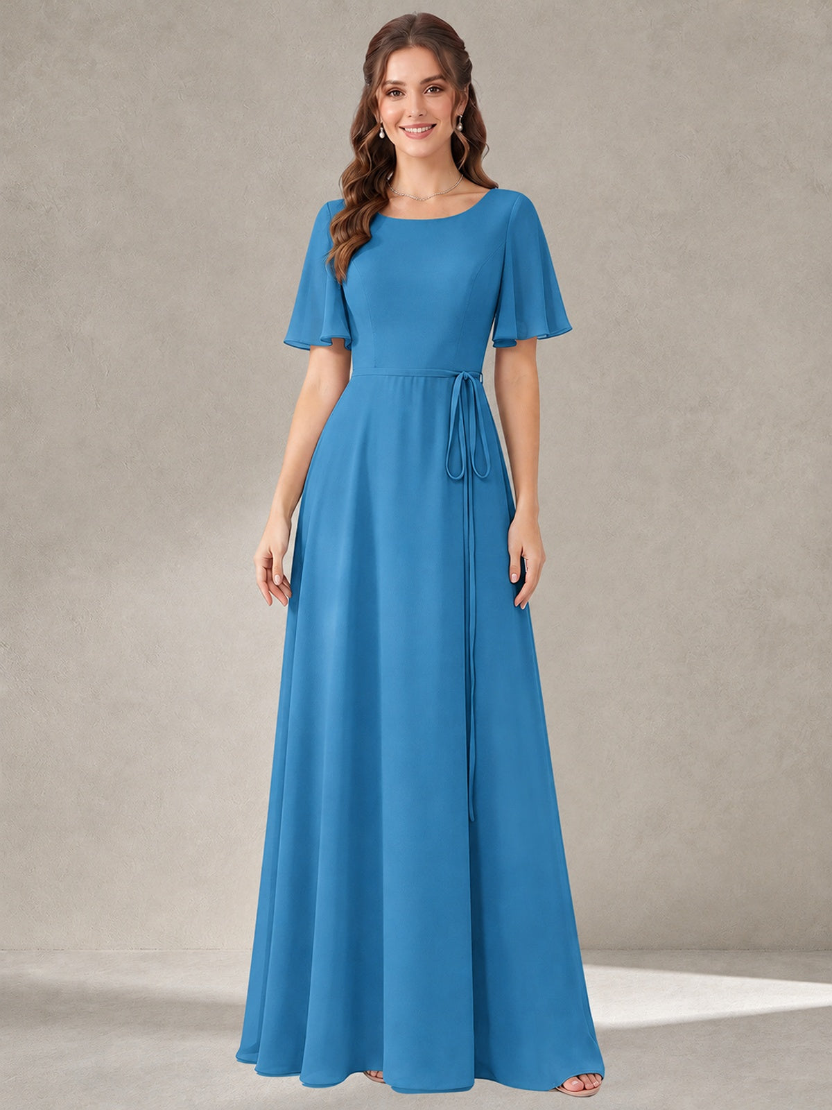 Blue Scoop Neck A-line Chiffon Bridesmaid Dress with Belt Flutter Sleeve Formal Wedding Guest Dress Evening Gown