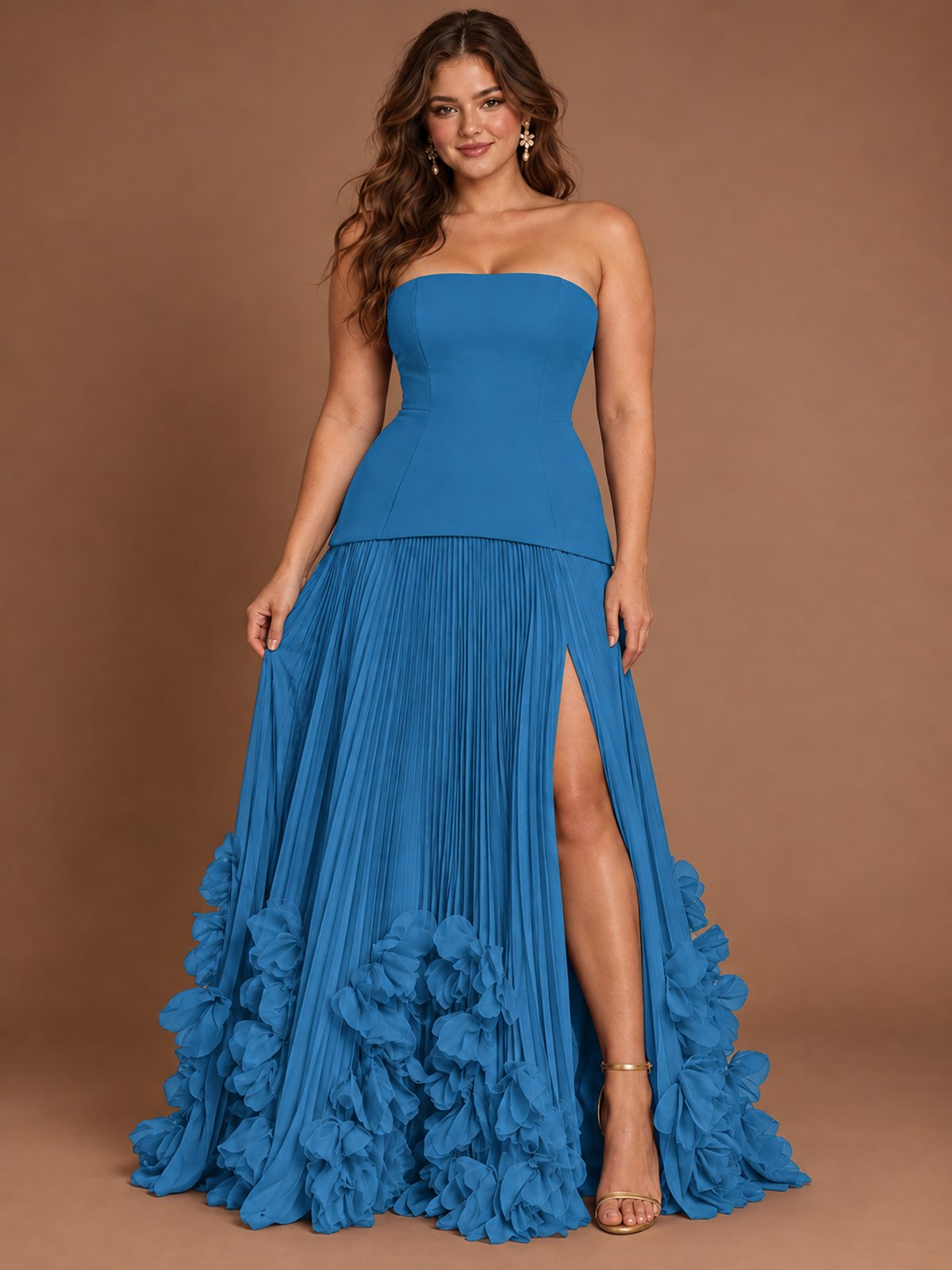 Strapless Pleated Floral Satin Formal Dress with Side Slit