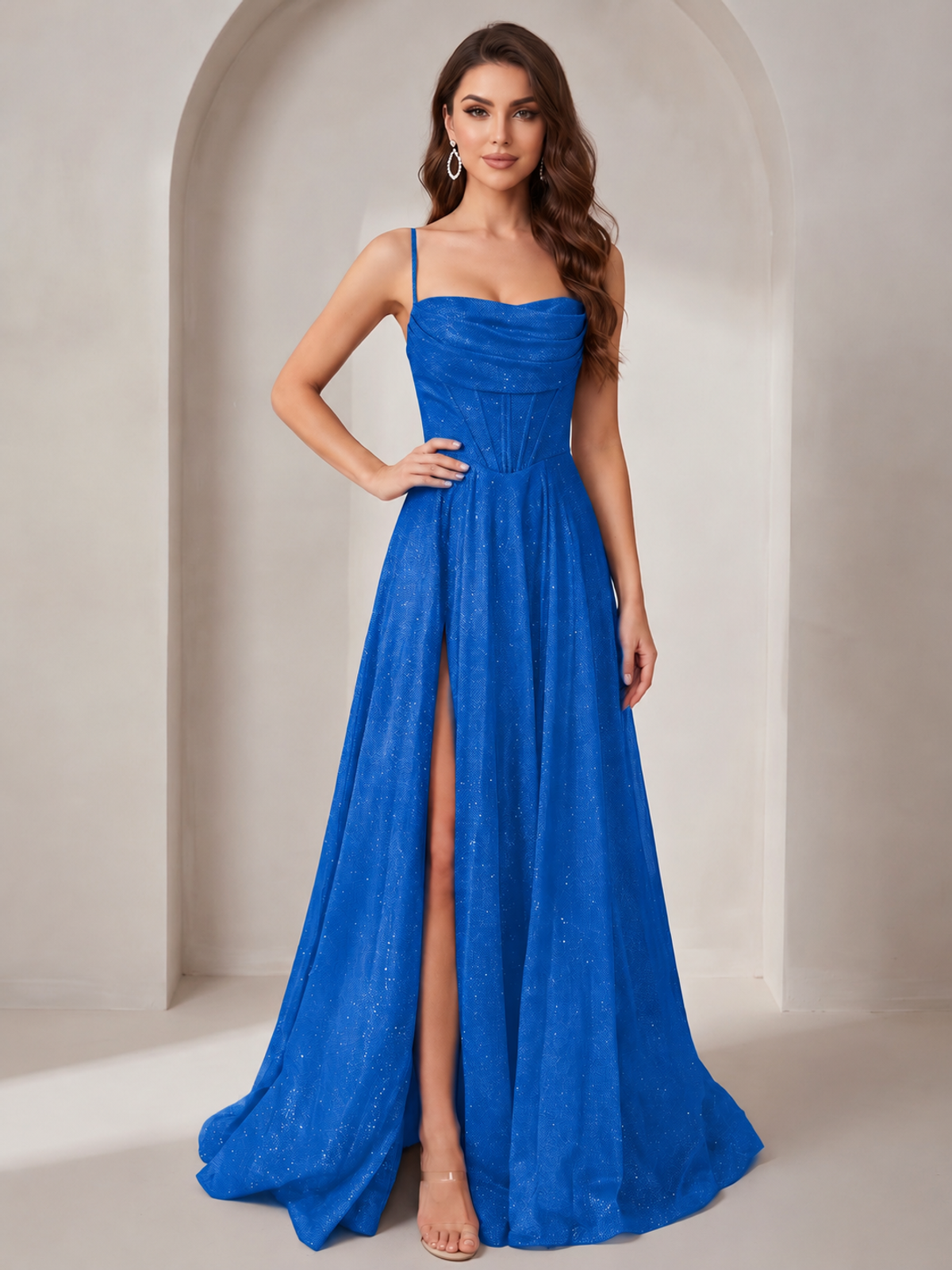 Blue Sparkly Cowl Neck Corset Long Prom Dress with Slit A-line Tulle Ball Gown Formal Evning Party Dress