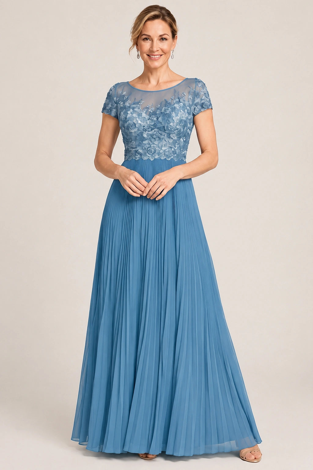 Embroidered Lace Pleated Mother of the Bride Dress