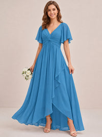 Dusty Blue Chiffon Bridesmaid Dress with Flutter Sleeves & High-Low Hem