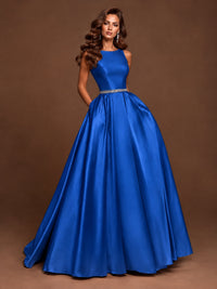 Satin A-Line Prom Dress Sleeveless Beaded Waist Formal Gown with Pockets