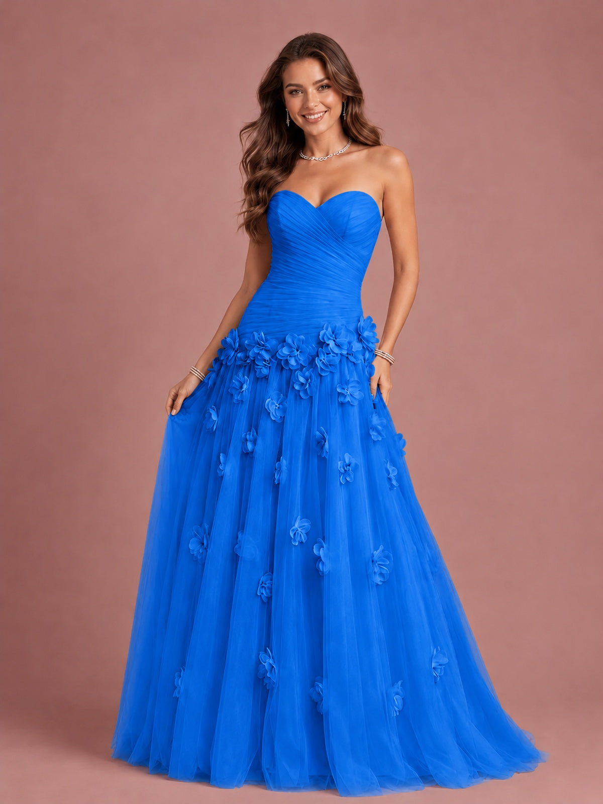 Blush Pink Strapless Sweetheart 3D Floral Tulle Ball Gown Prom Dres