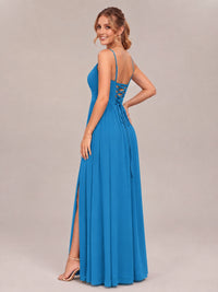 V-Neck Pleated Chiffon Long Bridesmaid Dress with Slit