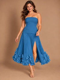 Navy Blue Strapless Pleated A-Line Midi Dress with 3D Floral Applique