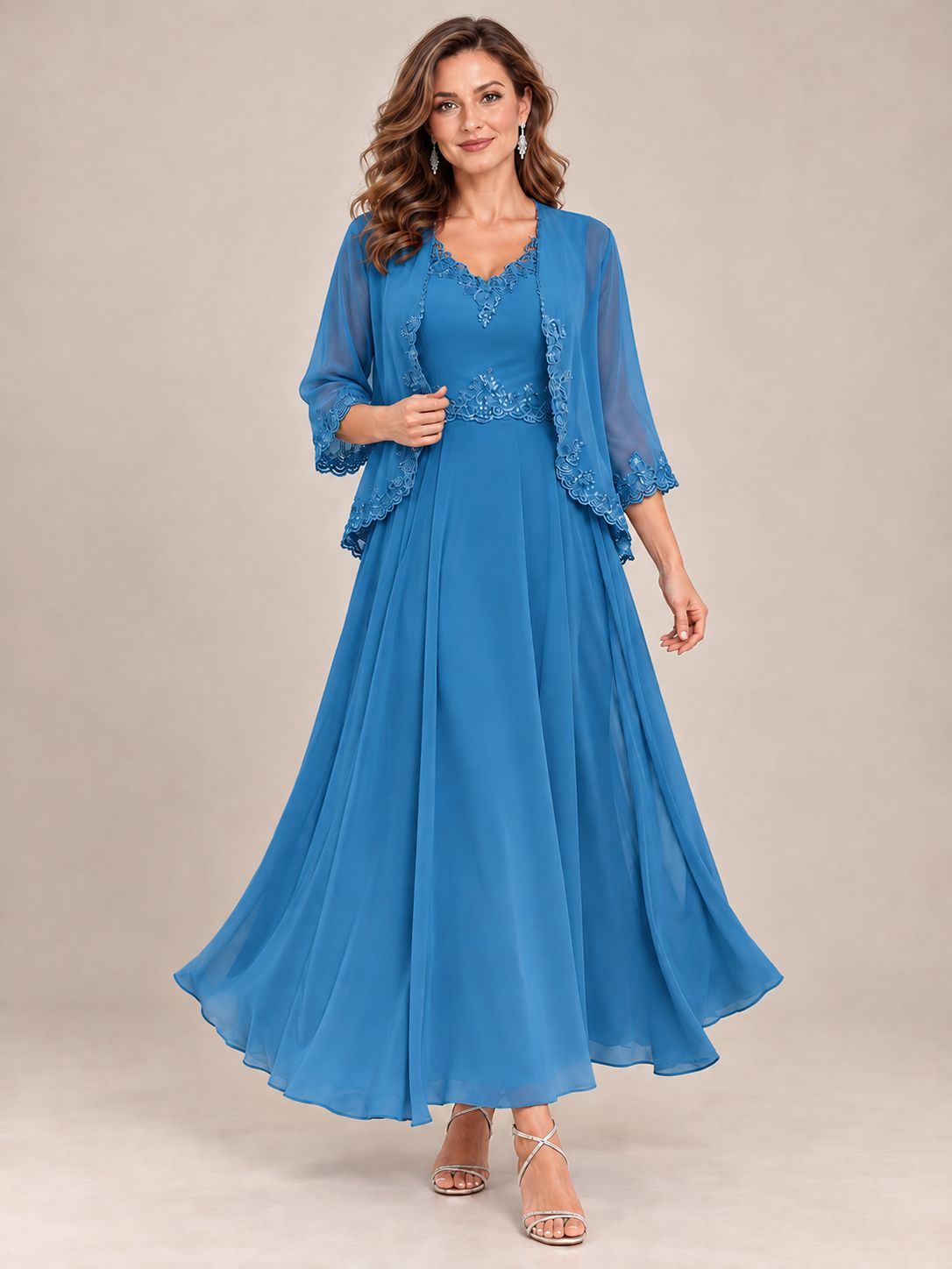 Dusty Blue Floral Lace Chiffon Mother of the Bride Dress with Jacket