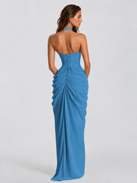 Ruched Halter Neck High-Slit Prom & Evening Dress