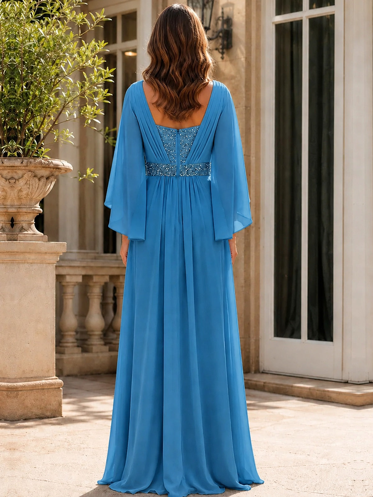 Elegant V-Neck Sequined Chiffon Mother of the Bride Dress with Flutter Sleeves
