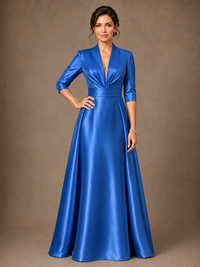 V-Neck Pleated Satin Mother of the Bride Gown with 3/4 Sleeves