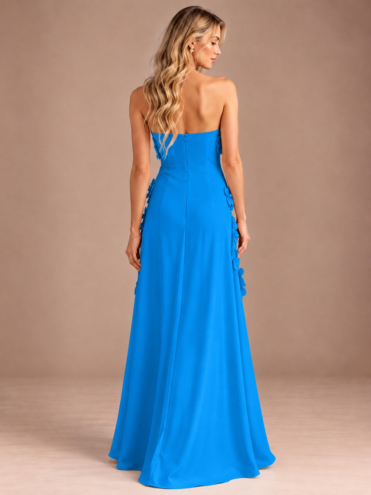 Yellow Strapless A-line Satin Maxi Dress with 3D Floral