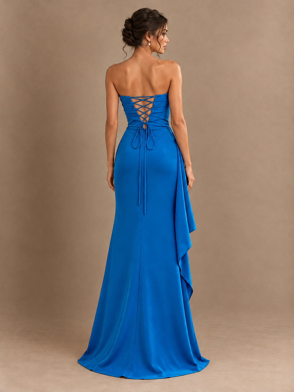 Black and White Strapless Ruched Prom Dress with High Slit & Side Drape