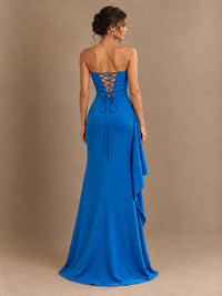 Black and White Strapless Ruched Prom Dress with High Slit & Side Drape