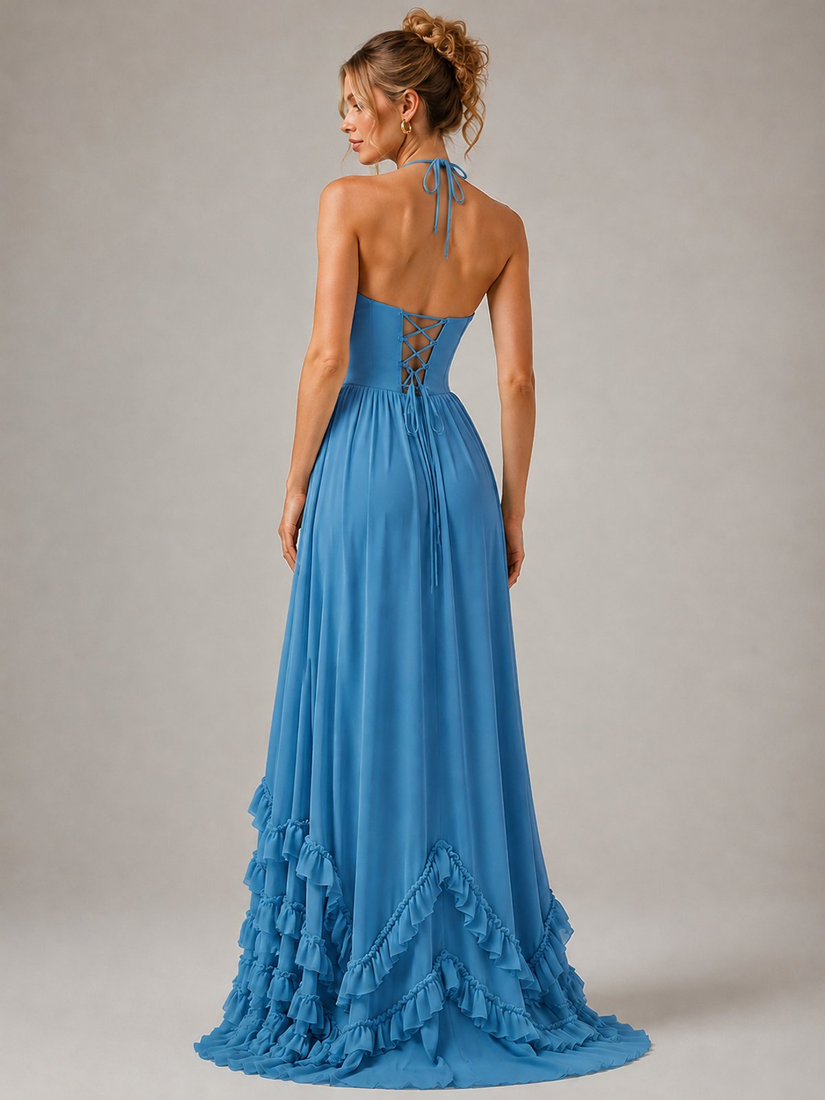 Halter V Neck Chiffon Formal Dress with Lace-Up Back and Ruffle Hem